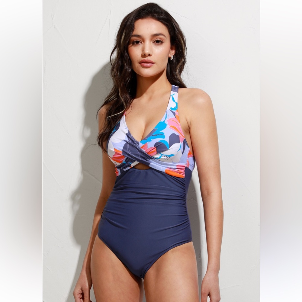 NWT CUPSHE Women's deep ocean wrap front cut out tummy control one piece sz XL